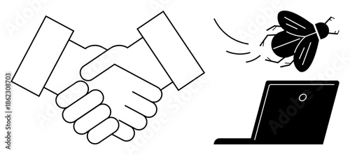 Cybersecurity, technology issues, collaboration, data bugs, online risks, software glitches. Handshake and laptop with flying bug illustration. Cybersecurity and technology issues concept