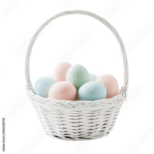 Colorful Eggs in a White Basket for Spring Celebration and Decoration