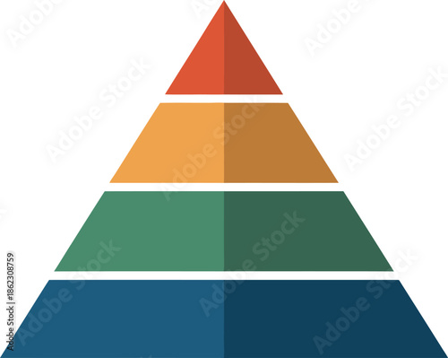 Four tiered pyramid diagram for business concept or infographic, presenting stages or levels on transparent background