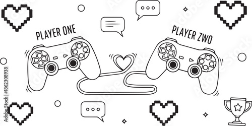 Doodle valentines day illustration of two connected game controllers for player one and player two, pixel art hearts and speech bubbles valentine
