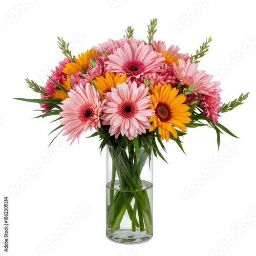 Colorful Bouquet of Flowers in a Clear Vase With Various Blooms Arranged Toge...
