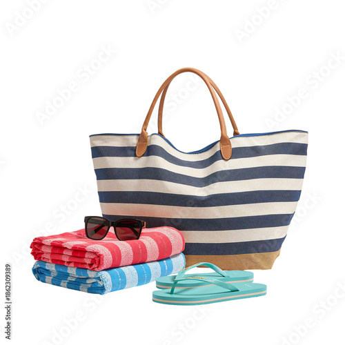 A Beach Bag is Placed Next to Folded Towels in Bright Colors