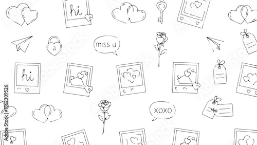 Doodle valentines day illustration of seamless pattern of doodled valentines day and love icons in black outline valentine