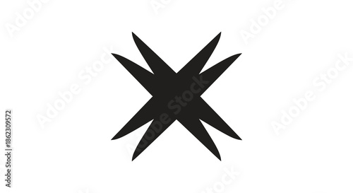 A striking black starburst shape dominates a plain white background creating a bold visual impression