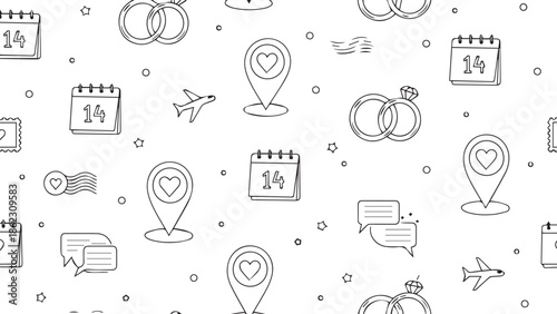 Doodle valentines day illustration of seamless pattern of hand drawn wedding and travel icons for valentines day valentine