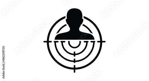A minimalist black and white graphic depicting a person s head within concentric circles and crosshairs