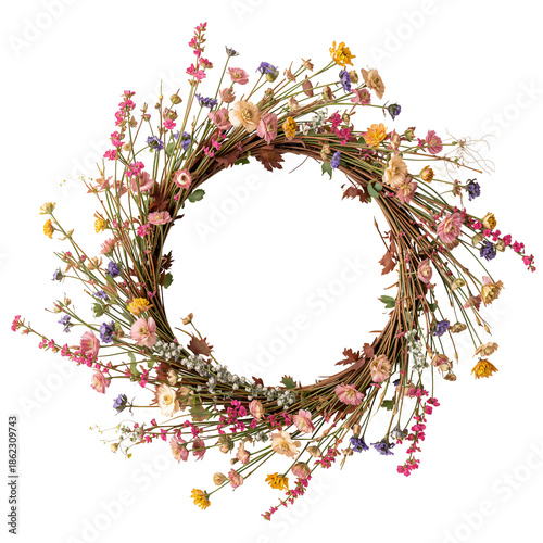 Colorful Flower Wreath Made of Various Blooms on a Plain Background