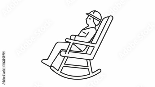 Man in hard hat relaxing in rocking chair line art.