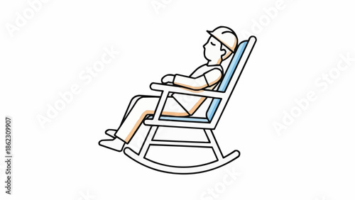 Man in hard hat relaxing in rocking chair.