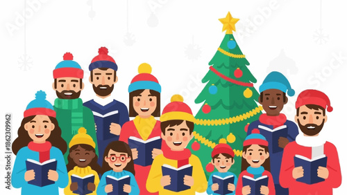 Diverse Group of People Singing Christmas Carols Together.