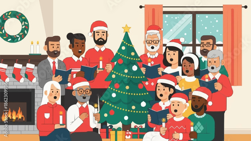 Diverse group of people singing Christmas carols together around a tree.