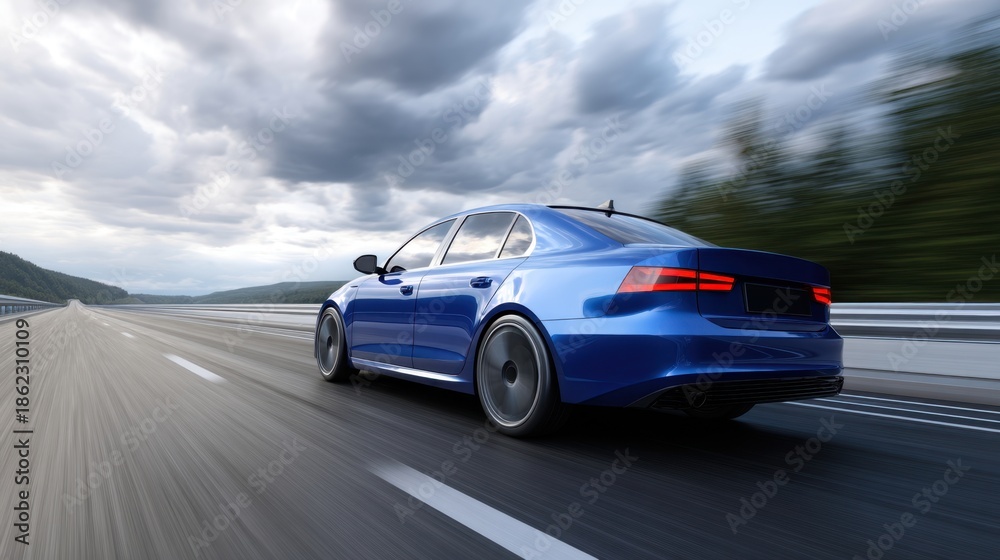 Obraz premium A blue car is driving quickly down a highway under a sky full of clouds. The road stretches ahead with trees lining the sides showing a typical summer scenery.
