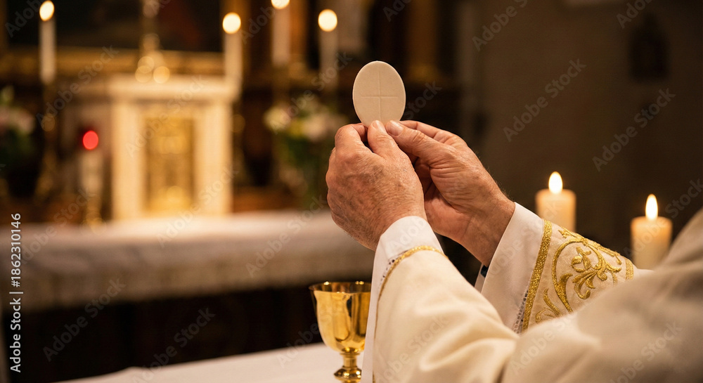 Obraz premium Priest Elevating the Consecrated Host During Catholic Mass