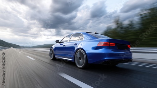 A blue car is driving quickly down a highway under a sky full of clouds. The road stretches ahead with trees lining the sides showing a typical summer scenery.