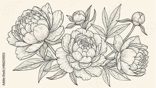 Elegant Peony Flower Illustration Sketch Botanical Drawing.