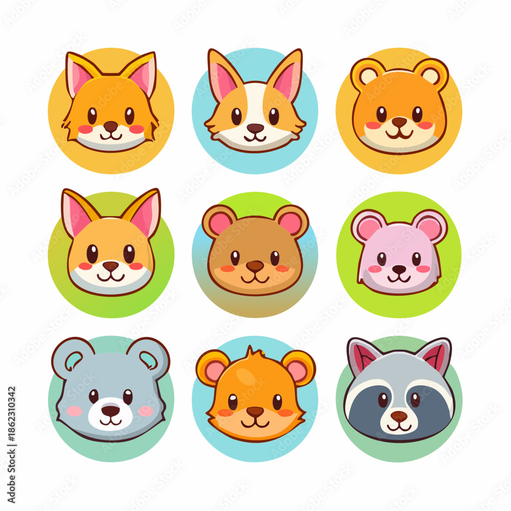 Fototapeta premium Cute cartoon animal faces collection in colorful circles.