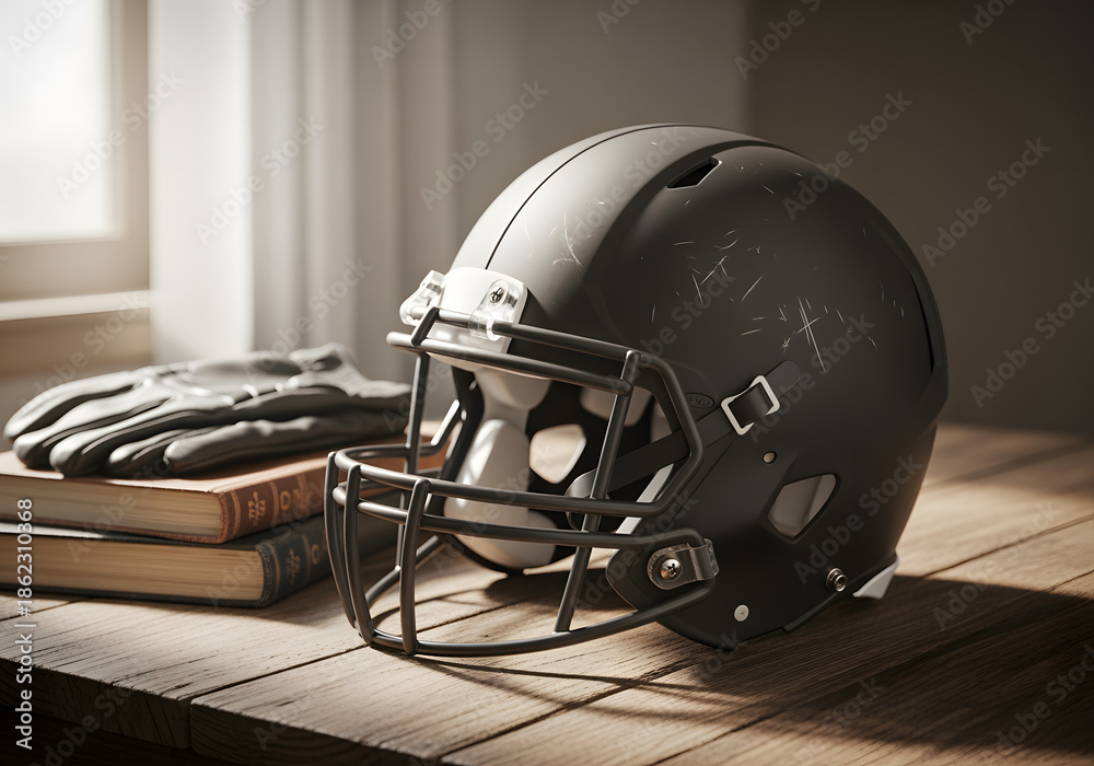 Fototapeta premium Football helmet on table showing team spirit and gear