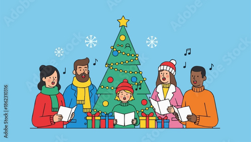 Family and friends singing Christmas carols around a decorated tree.