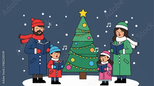 Family singing Christmas carols around a decorated tree.