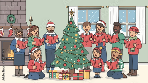 Family singing Christmas carols around a decorated tree.