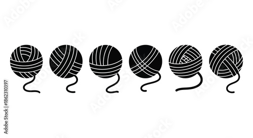 A series of black and white yarn balls depicted in a simple illustrative style arranged in a row