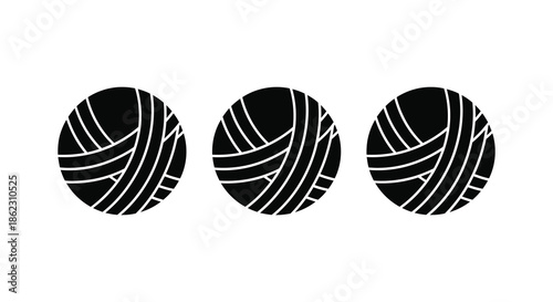 A simple graphic illustration of three black yarn balls arranged horizontally in a row