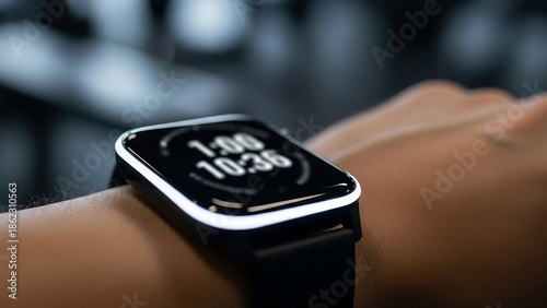 A modern smarch displaying time on a person's wrist, with a blurred background suggesting a gym or fitness environment.