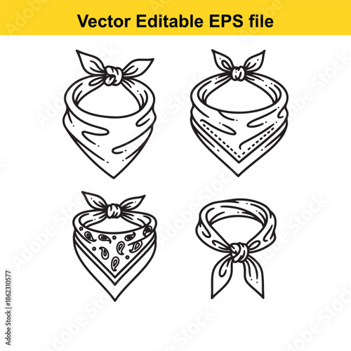  set of four bandana designs in black and white line art