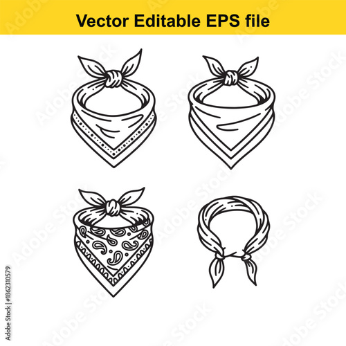  set of four bandana designs in black and white line art on white background isolated on white background