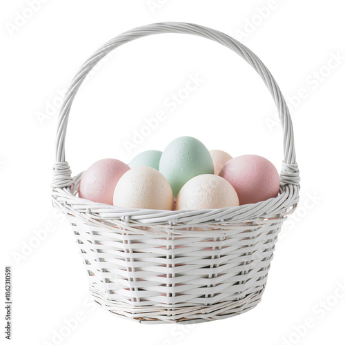 Colorful Eggs in a White Basket for Spring Celebration and Decoration