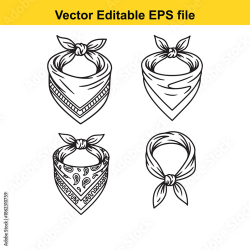  vector illustrations of various bandanas with patterns in line art style