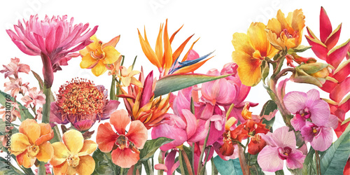A colorful arrangement of tropical flowers, including orchids, bird of paradise, and lilies, set against a clean white background.