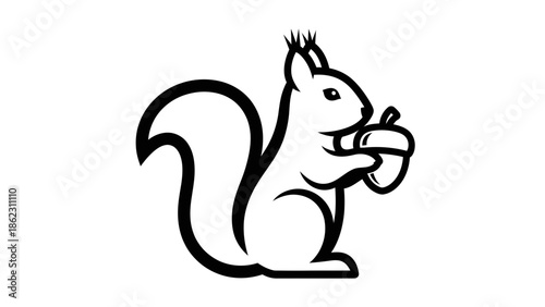 A charming black and white line art illustration depicting a squirrel standing and holding an acorn, showcasing its bushy tail.