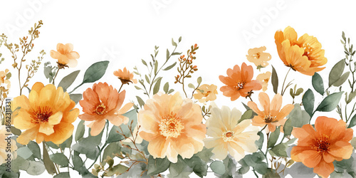 A vibrant watercolor illustration of an autumn flowers bouquet featuring yellow, orange, and white flowers with lush green leaves.