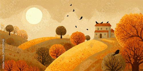 Stylized illustration of a cozy autumn landscape with rolling hills orange trees and a distant house under a large sun