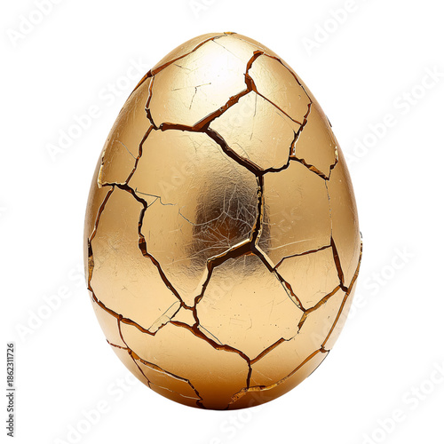 Golden Egg With Cracks in Surface Displayed on Plain Background