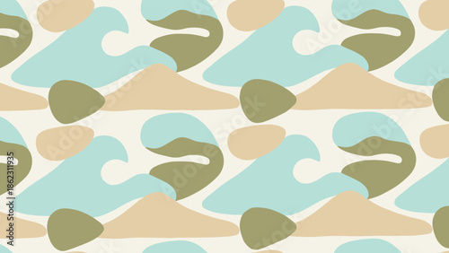 Abstract seamless pattern, organic wave hill rock shapes, muted blue beige olive green tones, nature-inspired texture, flat vector illustration