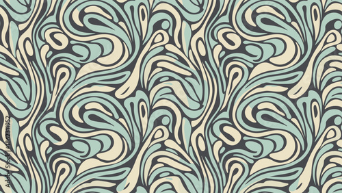 Abstract seamless pattern, swirling organic shapes, light blue cream dark gray tones, fluid teardrop texture, flat vector illustration