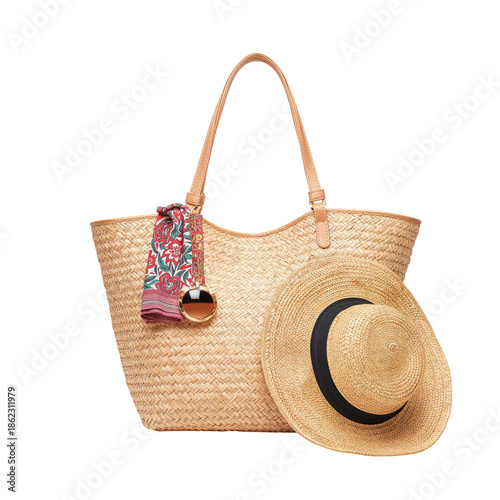 Crafted Straw Bag and Hat Ready for a Summer Day at the Beach or Park