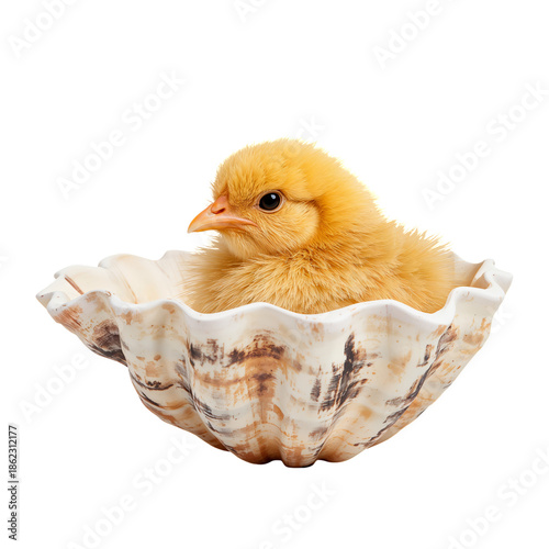 Chick Sits Inside a Large Shell While Looking Around the Room