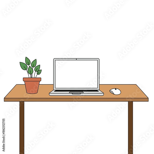 Desk with laptop, mouse, and potted plant.