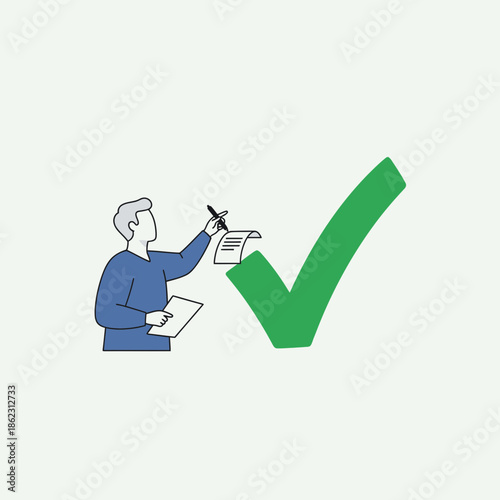 Person writing on paper next to a large green checkmark.