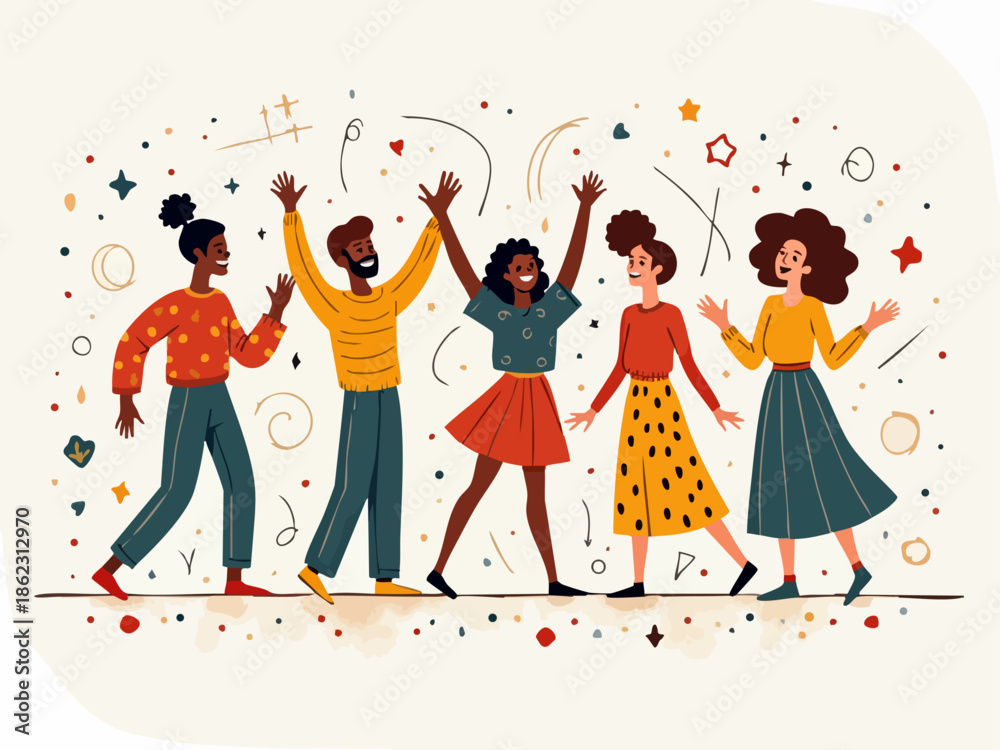 Fototapeta premium Whimsical Doodle of Diverse People Dancing Joyfully in Flat Vector Style