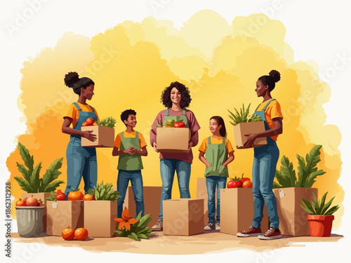 Diverse Community Volunteers Working at a Food Bank in Watercolor Vector Style