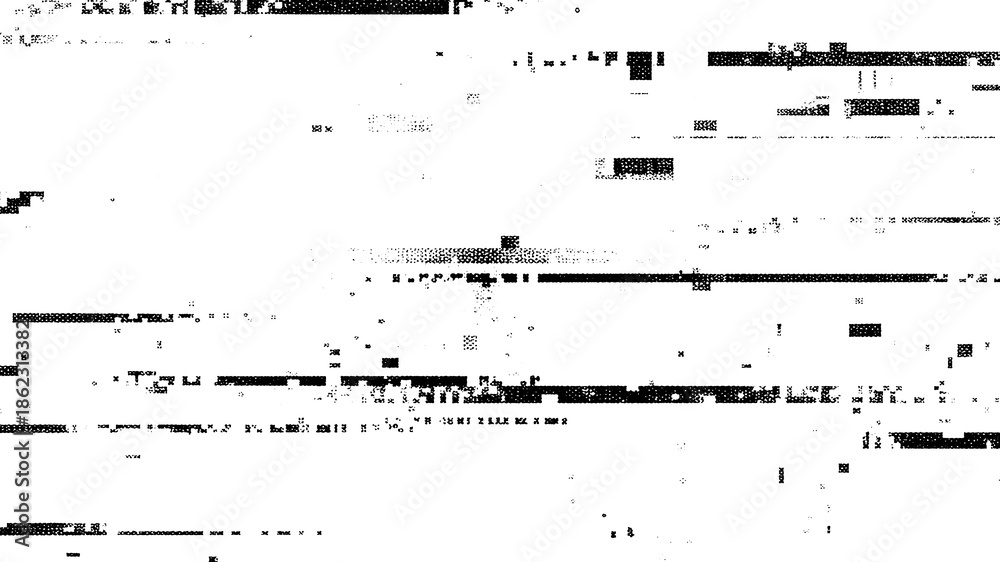 Obraz premium Abstract black and white glitch texture with digital noise and static lines isolated on transparent background