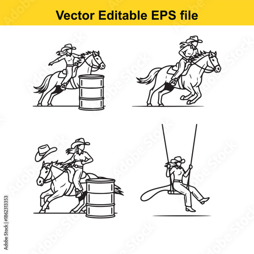  vector illustrations of cowboys riding horses and roping in various dynamic poses isolated on white background