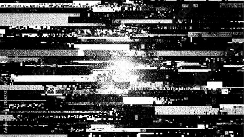Abstract black and white glitch art texture background digital noise isolated on transparent background