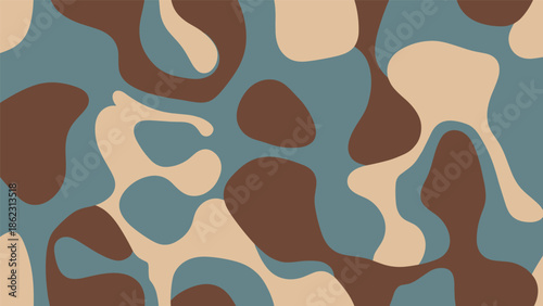 Abstract camouflage pattern, organic wavy shapes, brown beige blue-gray tones, visual concealment texture, military design art, flat vector illustration