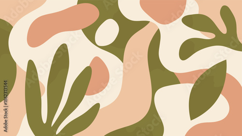 Abstract botanical pattern, flowing organic shapes, olive green peach beige cream tones, nature-inspired texture, flat vector illustration