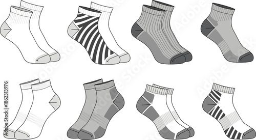 Ankle and crew sock technical fashion illustrations set showing multiple designs for apparel development, cad drawing flat vector illustration